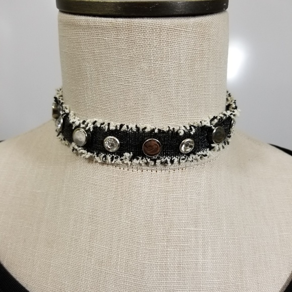 Black Denim Boot Rivet Rhinestone Choker - Picture 5 of 6
